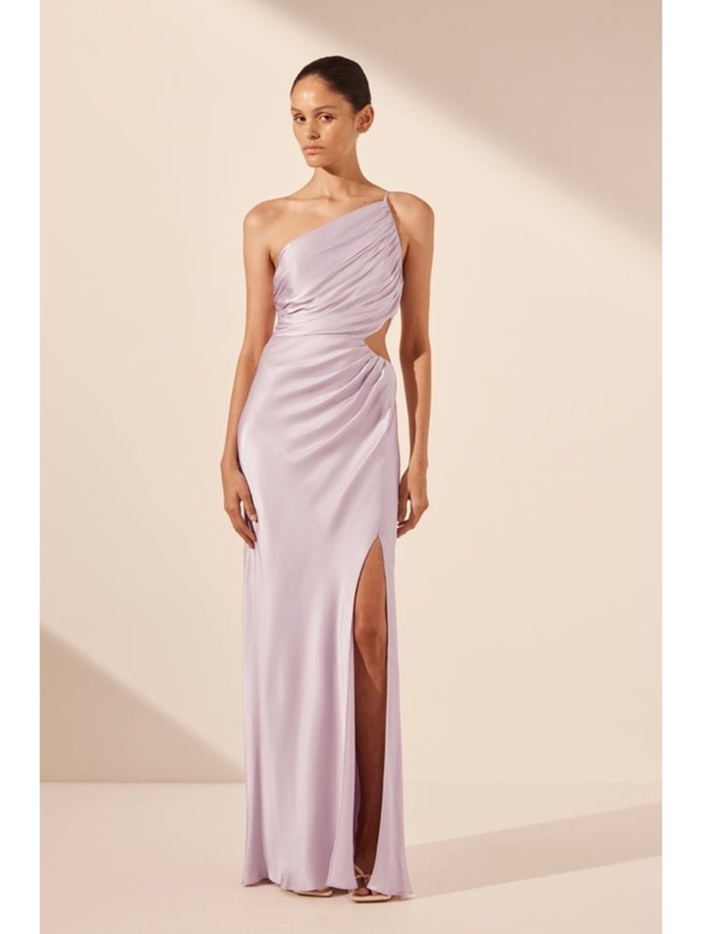 SHONA JOY La Lune Asymmetrical Gathered Maxi Dress - Lilac SMALL FLAWS NWT